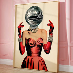 Affiche Tête de femme en boule disco Art mural, Glam Party