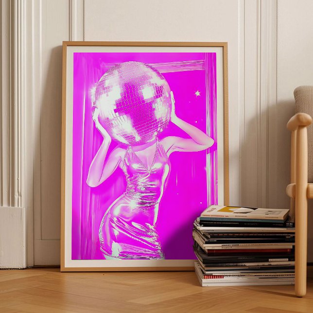 Affiche tête de fille boule à facettes rose, chamb (Créateur téléchargé)