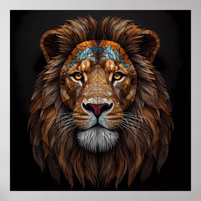 Affiche Tête de lion en mosaïque majestueuse (Devant)