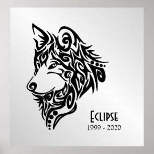 Affiche Tête de loup noir avec nom et dates