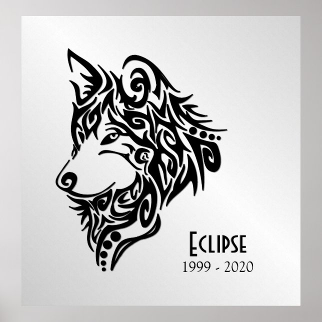 Affiche Tête de loup noir avec nom et dates (Devant)