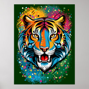 Affiche Tête de tigre couleurs arc-en-ciel peinture taches