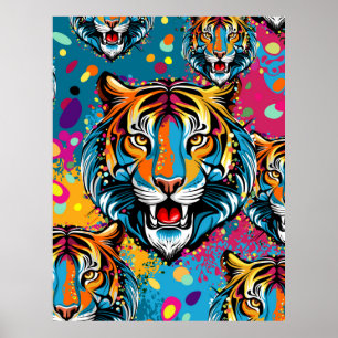 Affiche Tête de tigre couleurs arc-en-ciel peinture taches