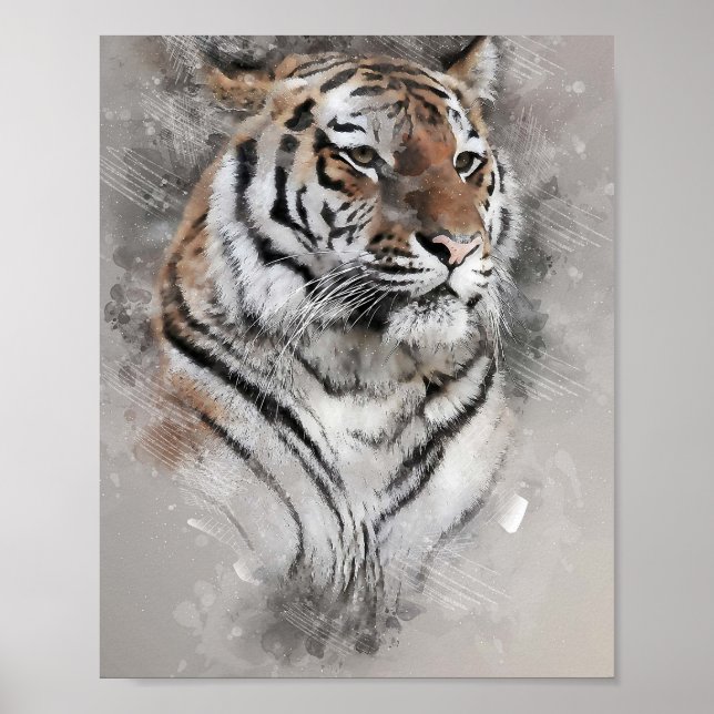 Affiche tête de tigre majestueux aquarelle peinture à l'hu (Devant)