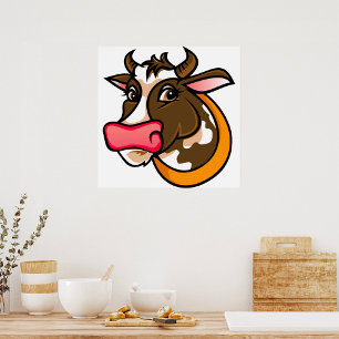 Affiche Tête de vache brune joueuse avec nez rose
