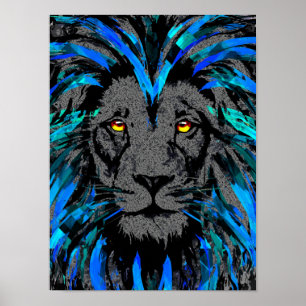 Affiche Tête Lion Bleue - Portrait Lion - Visage Lion