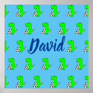 Affiche Tête Vert Soccer Dino T-Rex Sur Bleu