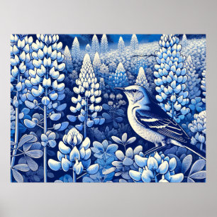 Affiche Texas Bluebonnets et Northern Mockingbird Texan