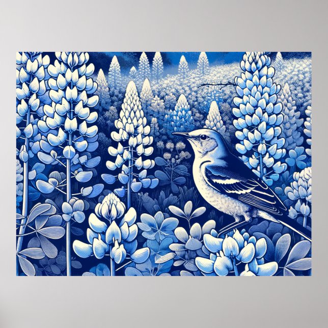 Affiche Texas Bluebonnets et Northern Mockingbird Texan (Devant)