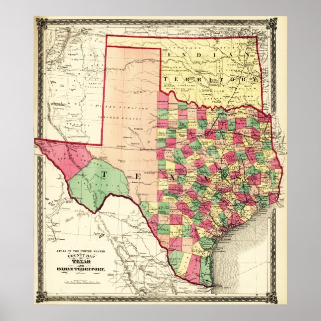 Affiche Texas et territoire indienCarte panoramique (Devant)