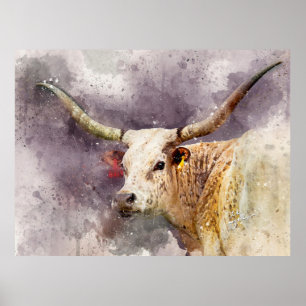 Affiche Texas Longhorn Aquarelle photo Art Abstrait