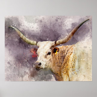 Affiche Texas Longhorn Watercolor Fine Art Photographie