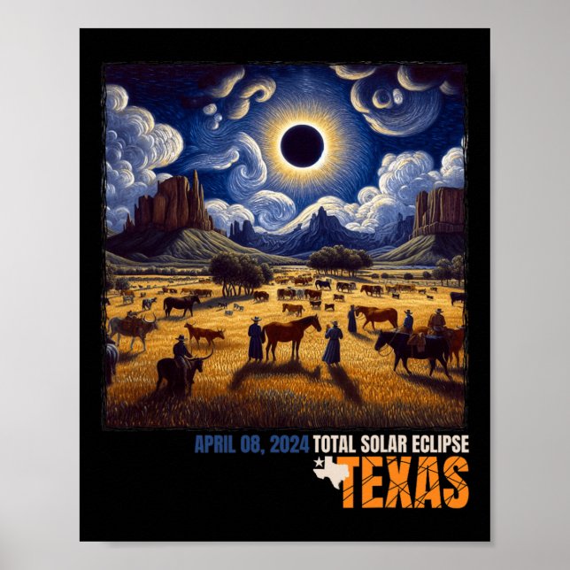 Affiche Texas Total Solar Eclipse Avril 8 2024 Texas Solar (Devant)