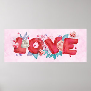 Affiche Texte d'amour rouge dans l'aquarelle de police de