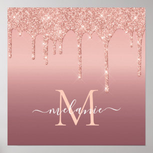 Affiche Texte de nom de monogramme Rose Gold Blush Paillet
