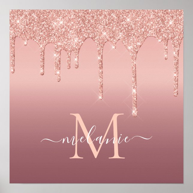 Affiche Texte de nom de monogramme Rose Gold Blush Paillet (Devant)