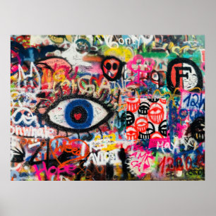 Affiche textile floral bleu et rouge