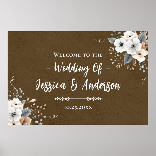 Affiche Texture de papier kraft faux mariage floral rustiq (Devant)