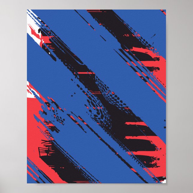 Affiche Texture de pinceau bleu, noir et rouge en diagonal (Devant)