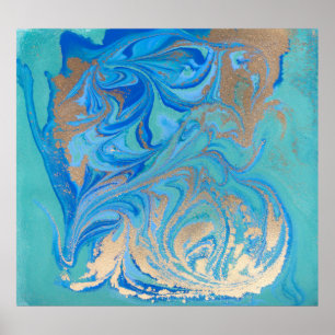 Affiche Texture liquide bleue et dorée