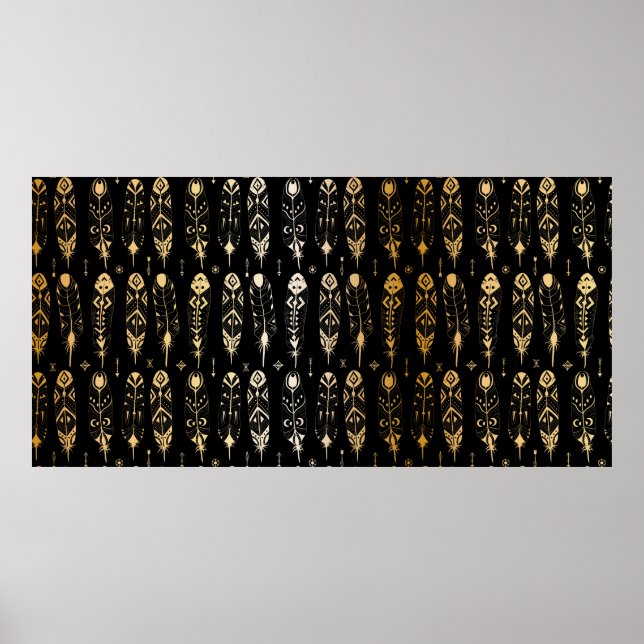 Affiche Textured golden feathers in tribal style. Seamless (Devant)