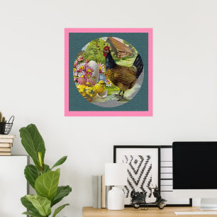 Affiche texturée de Pâques vintage Poule et poussi