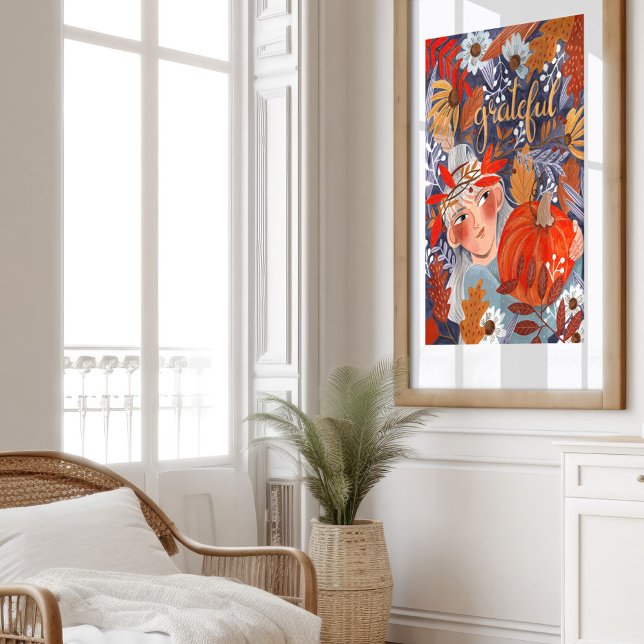Affiche Thankesgiving automne feuilles fille orange (Thanksgiving autumn leaves girl orange poster)