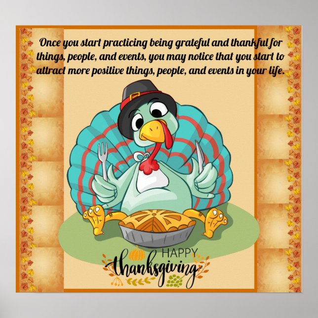Affiche Thanksgiving Day citation avec dinde et gratitude (Devant)