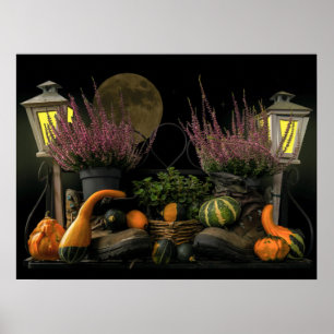 Affiche Thanksgiving Day Scene with Bench and Fall Harvest