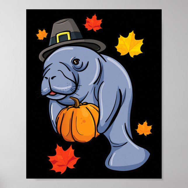 Affiche Thanksgiving Manatee Pilgrim Fall Citrouille Dugon (Devant)