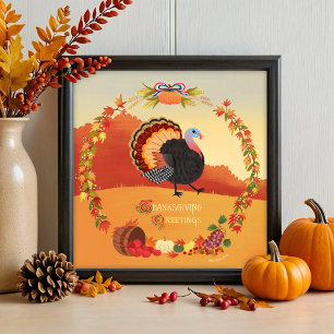 Affiche Thanksgiving Turkey Fall Harvest Round Art Print