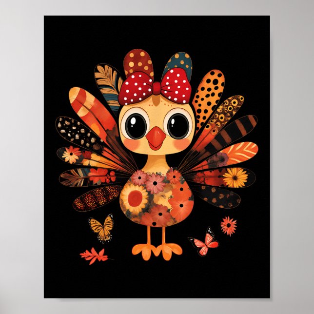 Affiche Thanksgiving Turquie mignonne Coquette Bow Girl Wo (Devant)