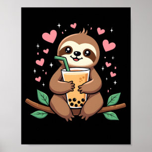 Affiche Thé au lait bulles Boba Paresseux Mignon Kawaii Fe
