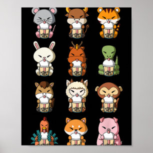 Affiche Thé au lait bulleux Boba Zodiaque chinois Animal L