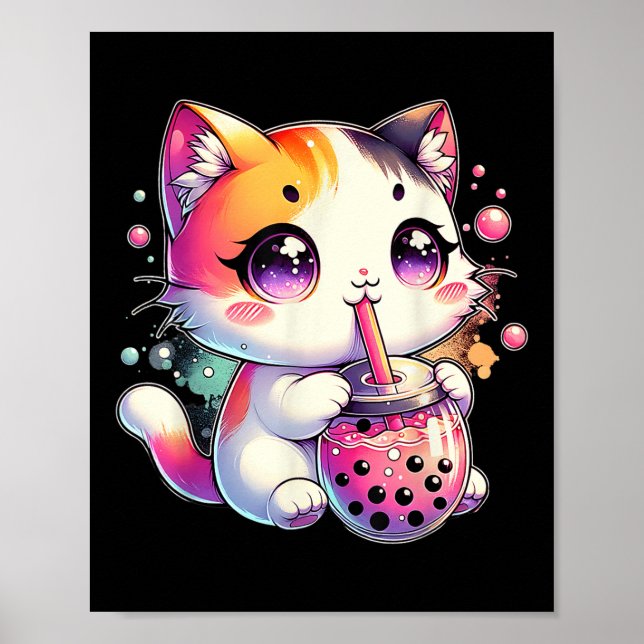 Affiche Thé aux bulles de chat anime japonais kawaii neko (Devant)