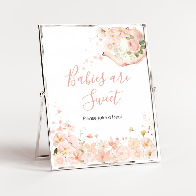Affiche Thé floral rose pour deux bébés sont doux (Pink Floral Tea for Two Baby Shower Babies are Sweet Sign)