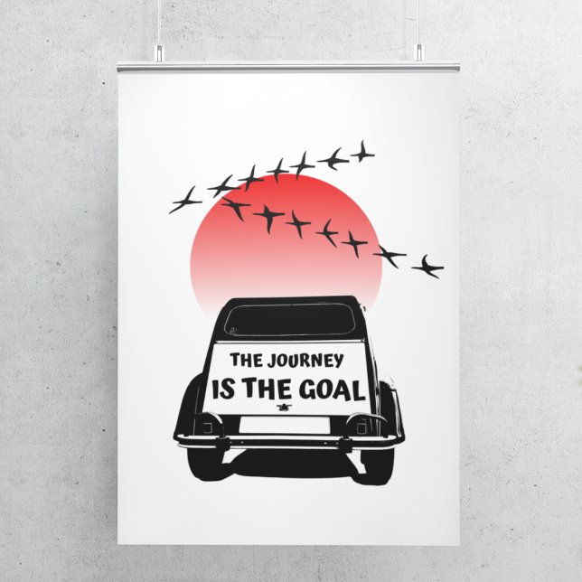 Affiche The journey is the goal sunset - oldtimer 2CV (2CV Poster in White with a Red Sunset and Birds Illustration)