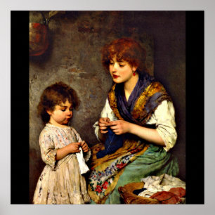 Affiche The Knitting Lesson, fine art painting