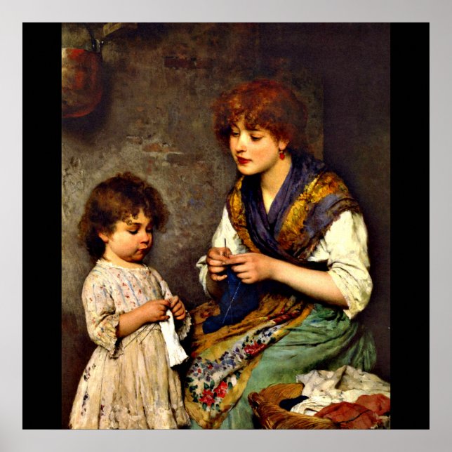 Affiche The Knitting Lesson, fine art painting (Devant)