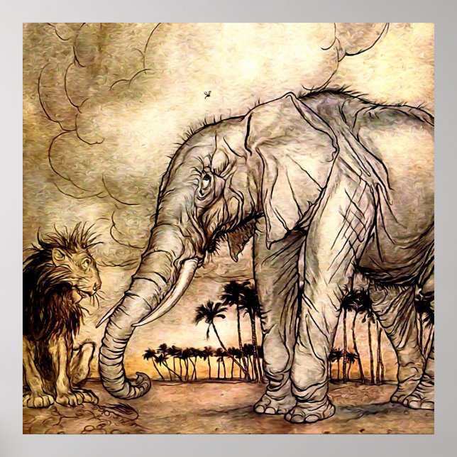 Affiche "The Lion and The Elephant" par Arthur Rackham (Devant)