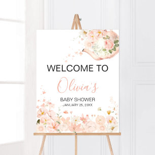 Affiche Thé rose floral pour deux Baby showers Bienvenue