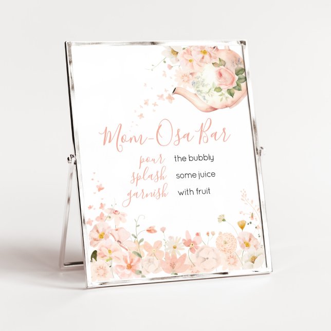 Affiche Thé rose floral pour deux Baby showers Maman Bar O (Pink Floral Tea for Two Baby Shower Mom Osa Bar Sign)