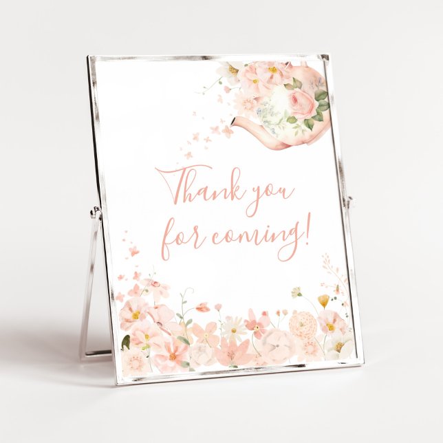 Affiche Thé rose floral pour deux Mercis à venir (Pink Floral Tea for Two Baby Shower Thank you for Coming Sign)