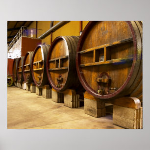 Affiche The wine cellar winery with big old wooden casks