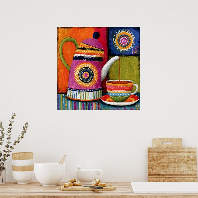 Affiche Théière d'art populaire colorée (Cuisine)