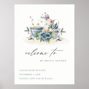 Affiche Théière florale bleue aqua Tasses Accueil de la Ma