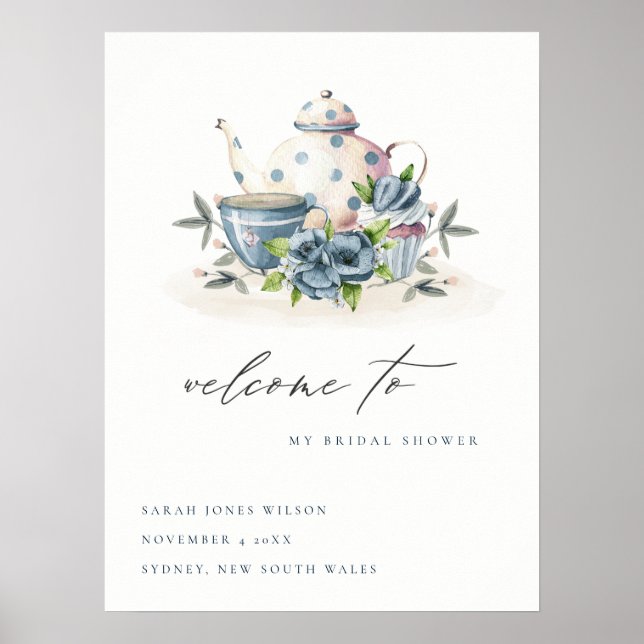 Affiche Théière florale bleue aqua Tasses Accueil de la Ma (Devant)