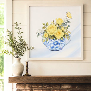 Affiche Théière jaune rose bleu et blanc