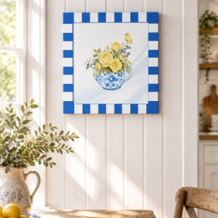Affiche Théière jaune rose bleu et blanc à bordure à carre