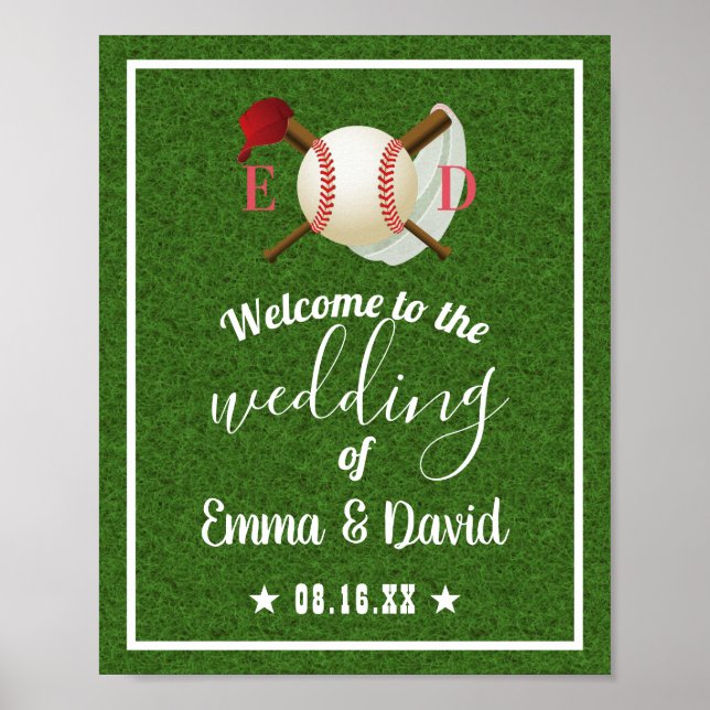 Affiche Thème de baseball Sports Mariage Vert Herbe Bienve (Devant)